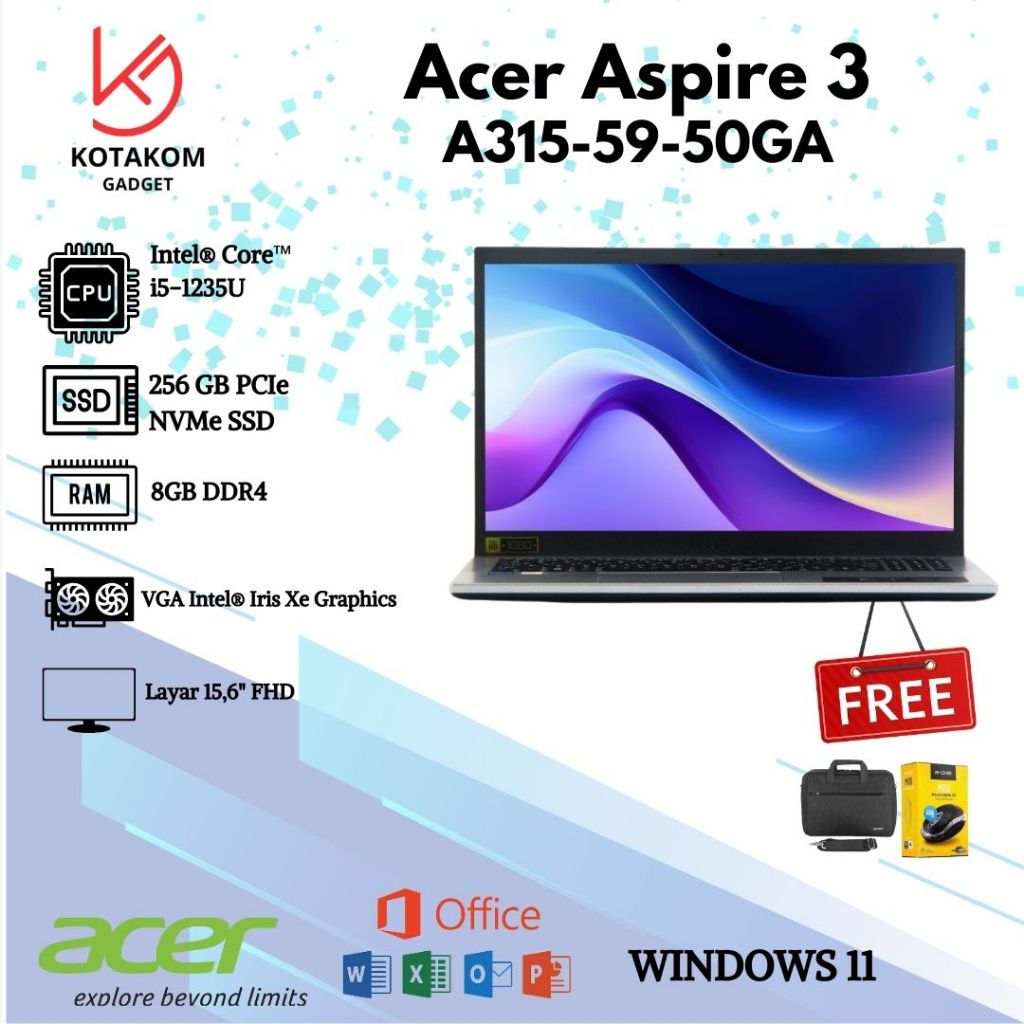 LAPTOP TERBARU Acer Aspire 3 A315-59-50GA with Intel i5 Gen 12 and 8GB RAM and 15.6" FHD