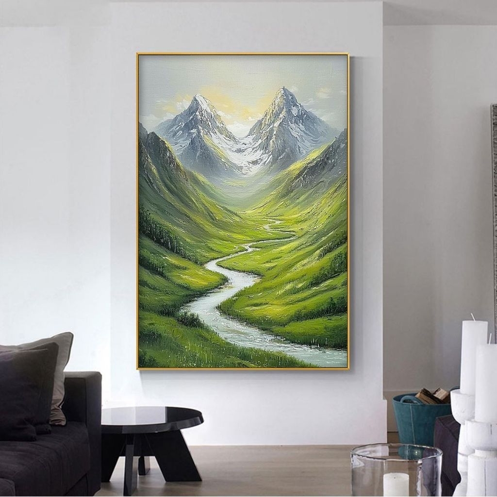 Lukisan Dinding Pemandangan Gunung Hijau Tekstur - Lukisan Tangan Asli - Hiasan Dinding Ruang Tamu A