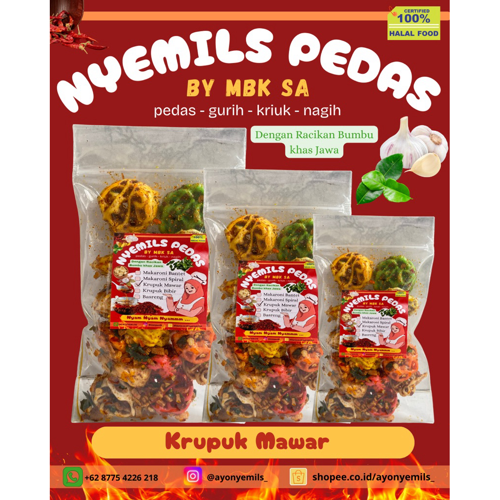 

Snack Camilan Viral Kerupuk Mawar 50gr Pedas Daun Jeruk Bumbu Khas Jawa