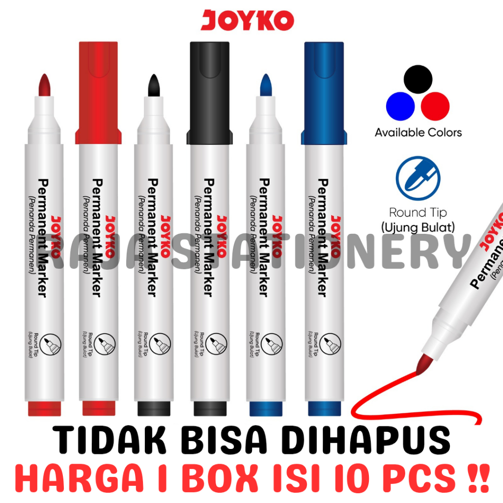 

JOYKO PERMANENT MARKER ROUND TIP BLACK BLUE RED / SPIDOL PERMANEN JOYKO PENANDA HITAM BIRU MERAH TIDAK BISA DIHAPUS BOX PM-67 [10PCS]