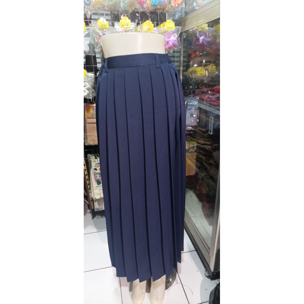 ROK biru SMP rempel wanita pinggang karet ukuran bawah lebih lebar