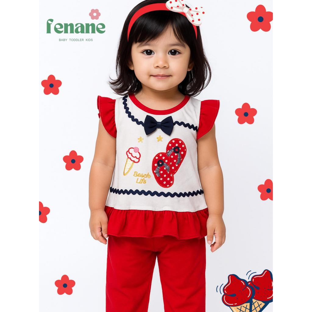Fenane Summer Ice Cream One Set Free Topi – Bayi Perempuan Motif Polos Bordir Pita | All Size 6-12 B