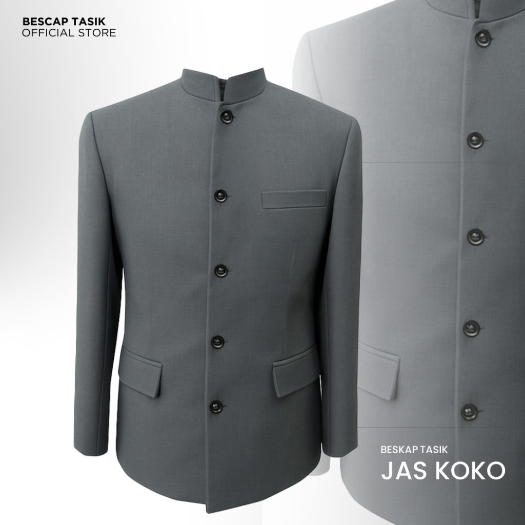 Beskap Jas Koko Polos Abu-Abu Tua Motif Saku Depan Pria Fashion Muslim Pria Atasan Muslim Pria S-XXL