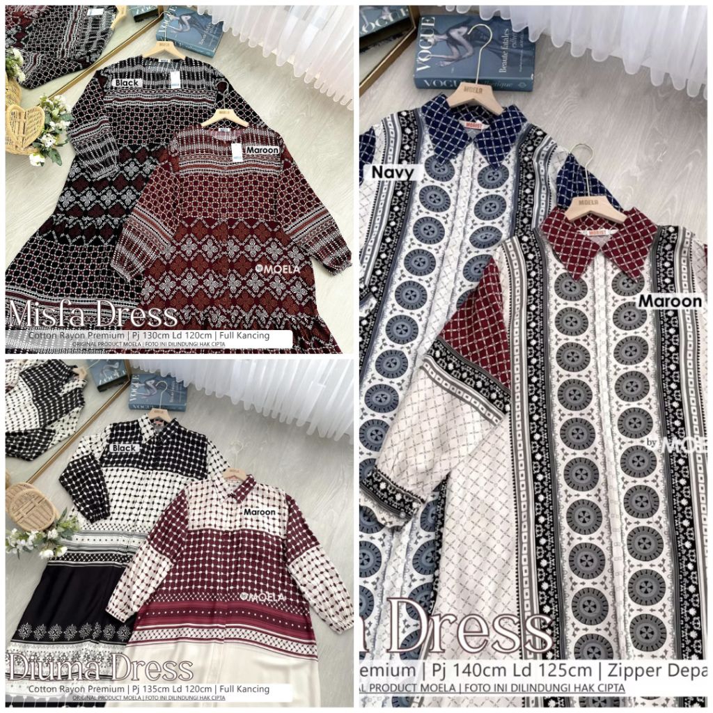 MOELA MISFA SALUM DRESS COTTON RAYON PREMIUM GAMIS MOTIF ZIPPER DEPAN / FULL KANCING LD 120 / 125 cm