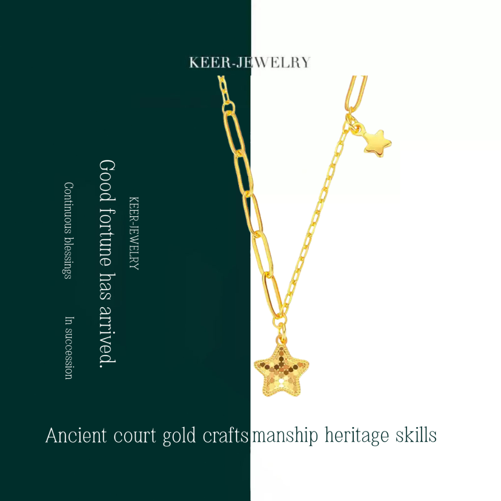 KEER-JEWELRY[Asli*Perhiasan Emas Murni][5.3Gram]17K Kalung rantai bintang pentagram model terbaru, p