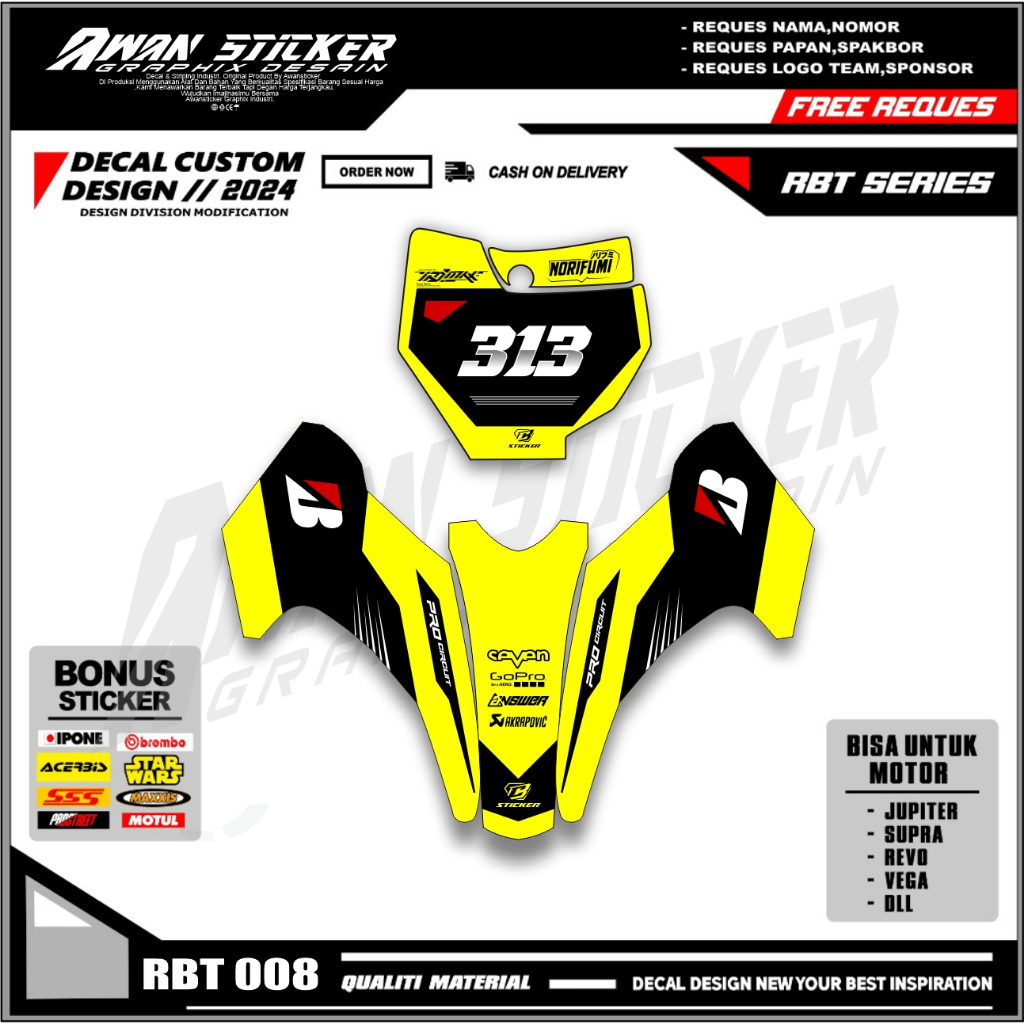 Sticker Decal Papan Nomer Start Dan Spakbor Depan Motor Bebek Trail Supermoto RBT AWN.008