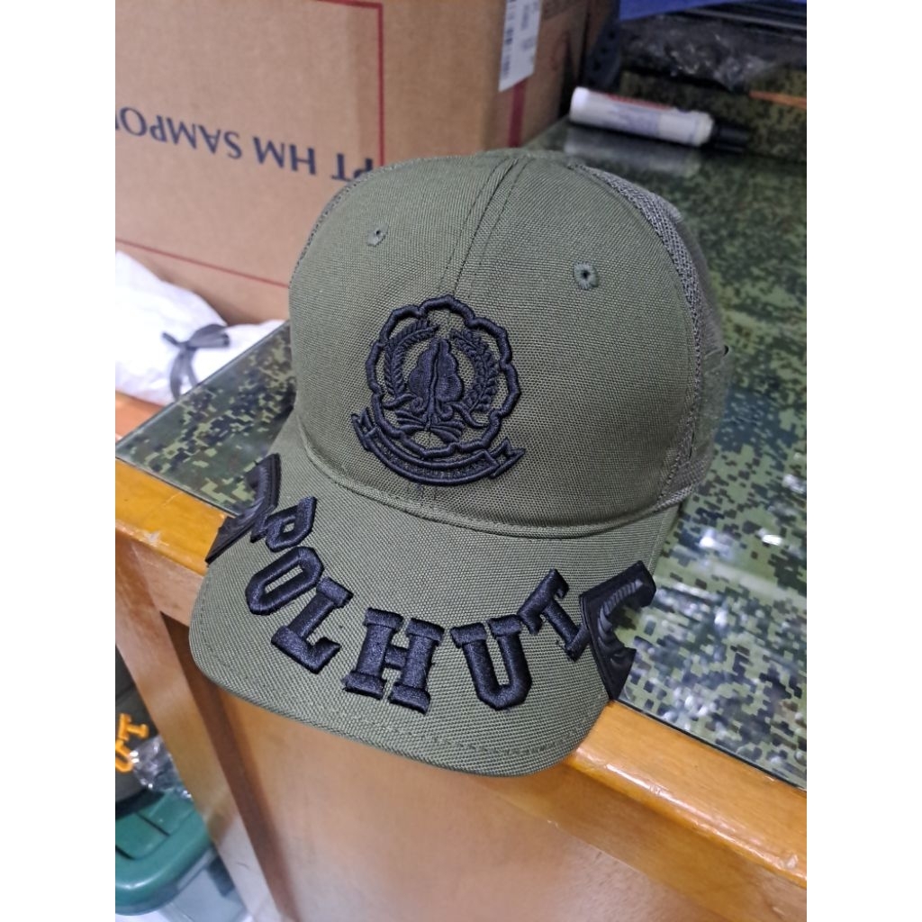 topi polhut tactikal bordir ful hitam timbul topi polhut