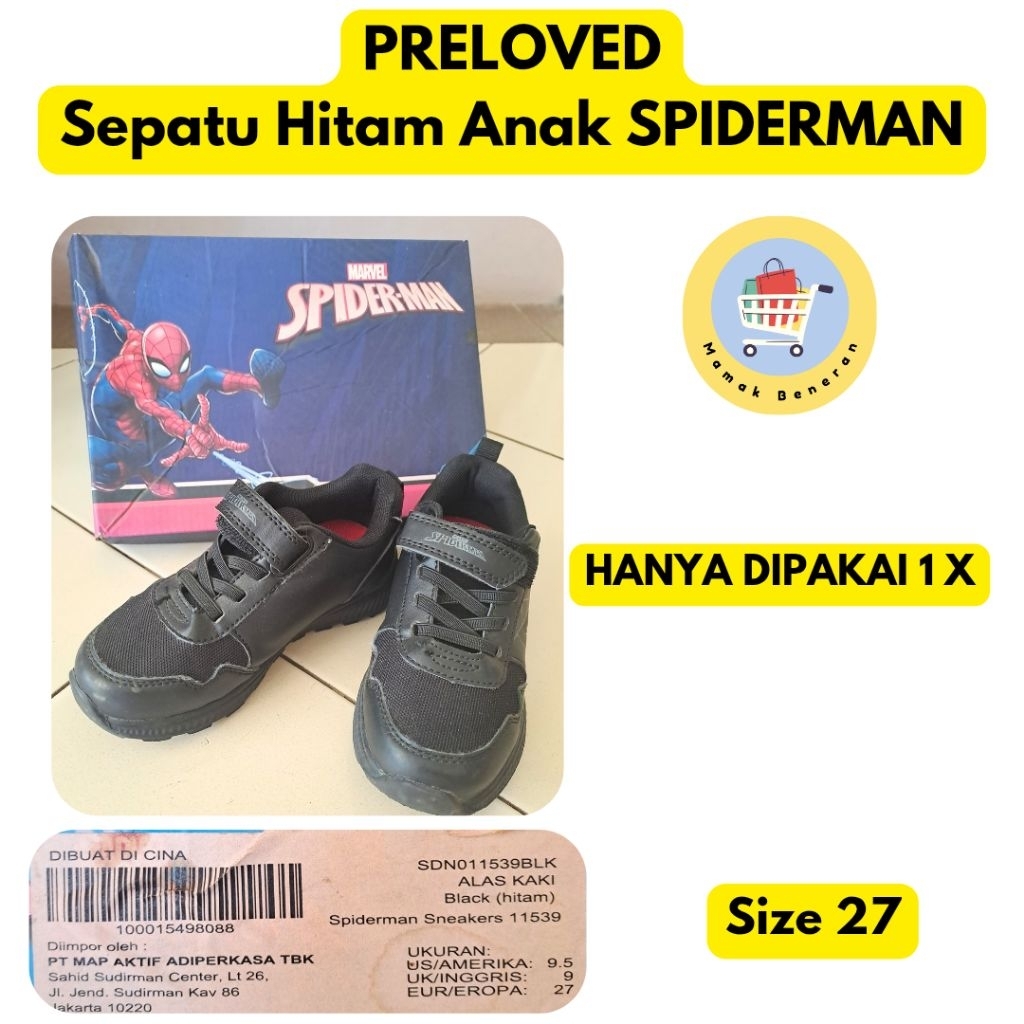 Sepatu Hitam Anak Laki Spiderman size ukuran 27 umur 6 tahun