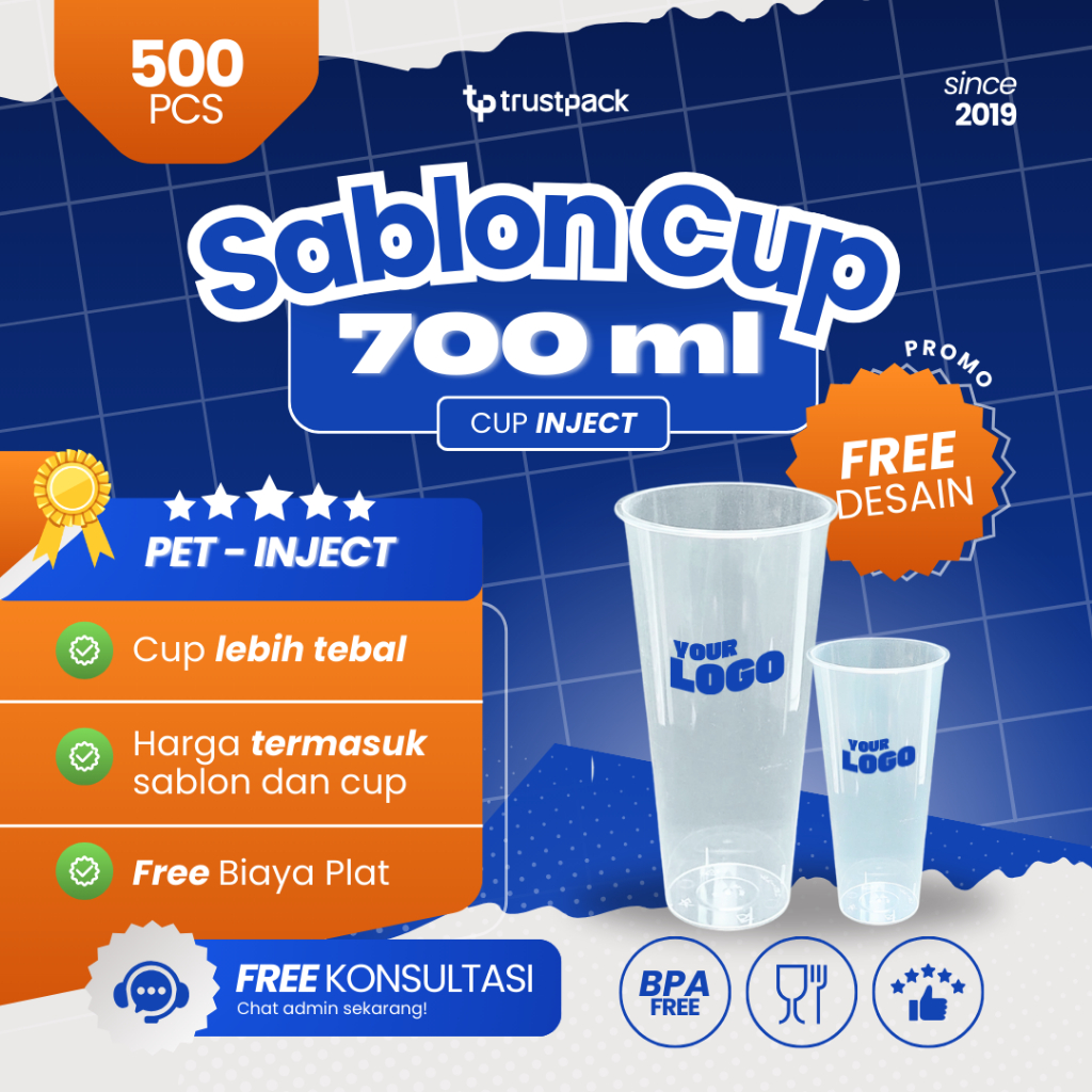 Sablon Gelas Injection 700ml | Cetak Cup Plastik Custom Logo Tebal | Cocok Minuman Jumbo Kopi Boba