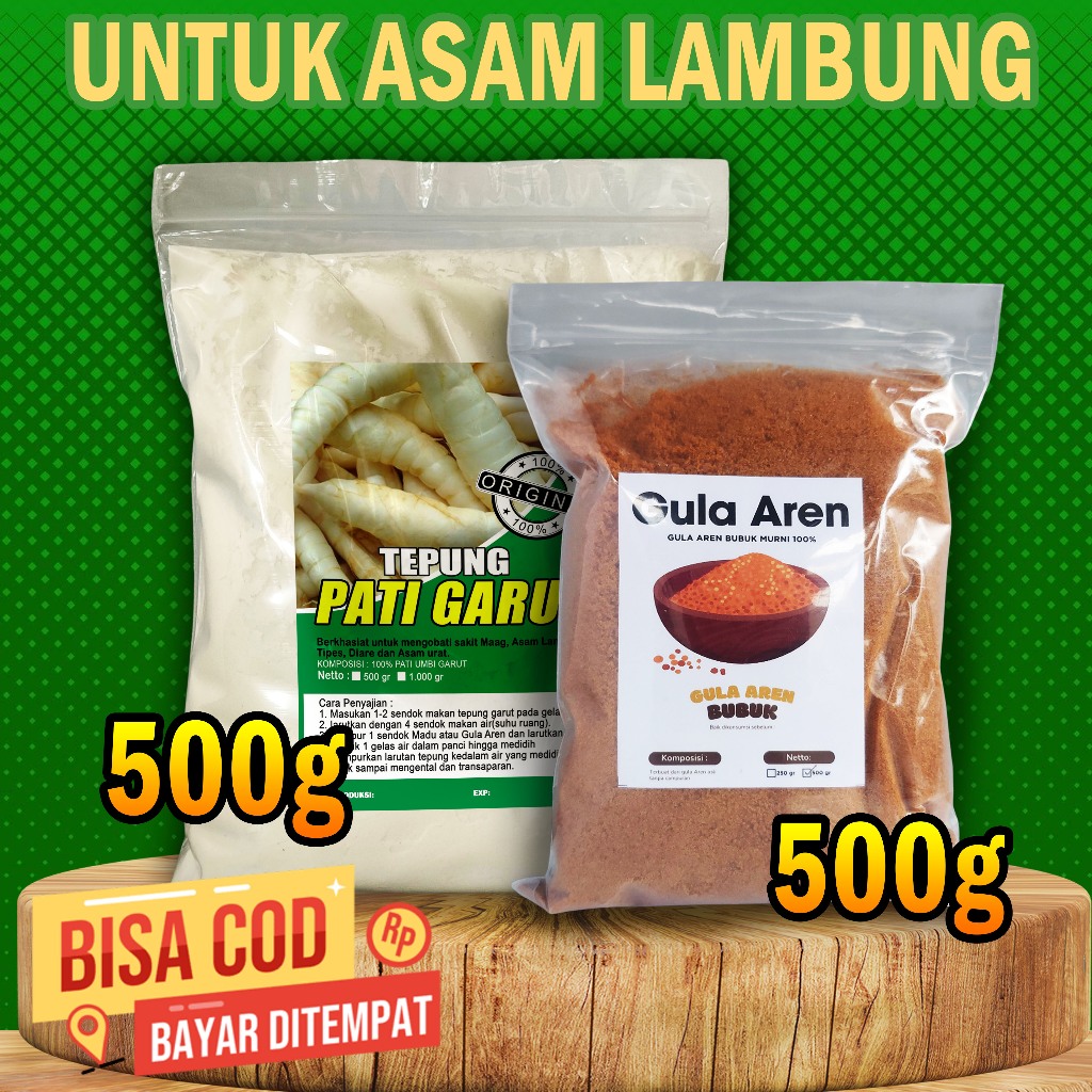 

PAKET HEMAT TEPUNG GARUT 500g + GULA AREN 500g | tepung garut untuk asam lambung asli