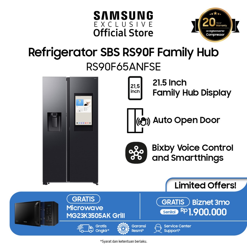 Samsung Kulkas Pintar BESPOKE AI dengan Family Hub 641L Side by Side I RS90F65ANFSE