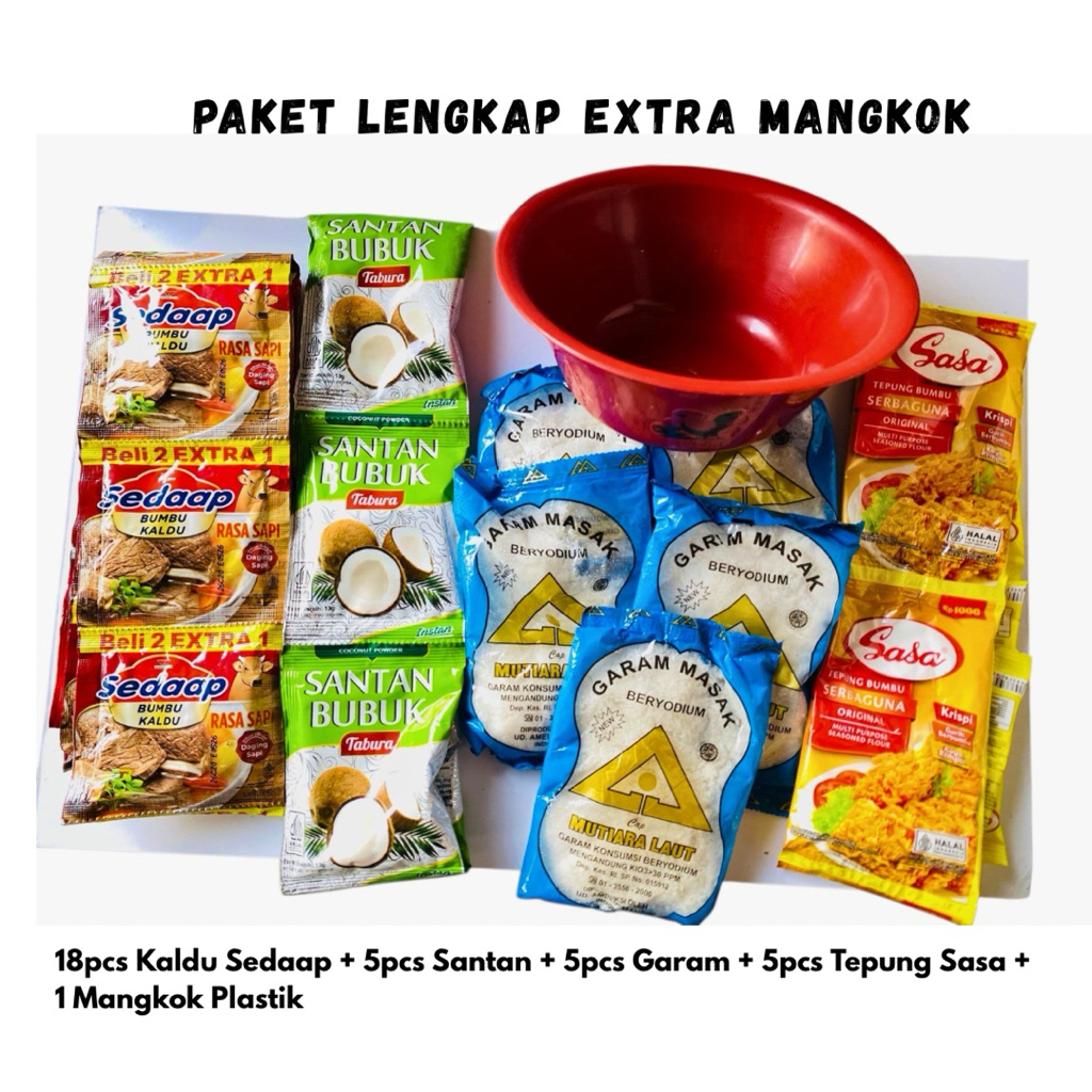 

PAKET LENGKAP (18pcs Sedaap Kaldu + 5pcs Santan + 5 pcs Garam + 5pcs Tepung Sasa + 1 Mangkok Plastik Jago