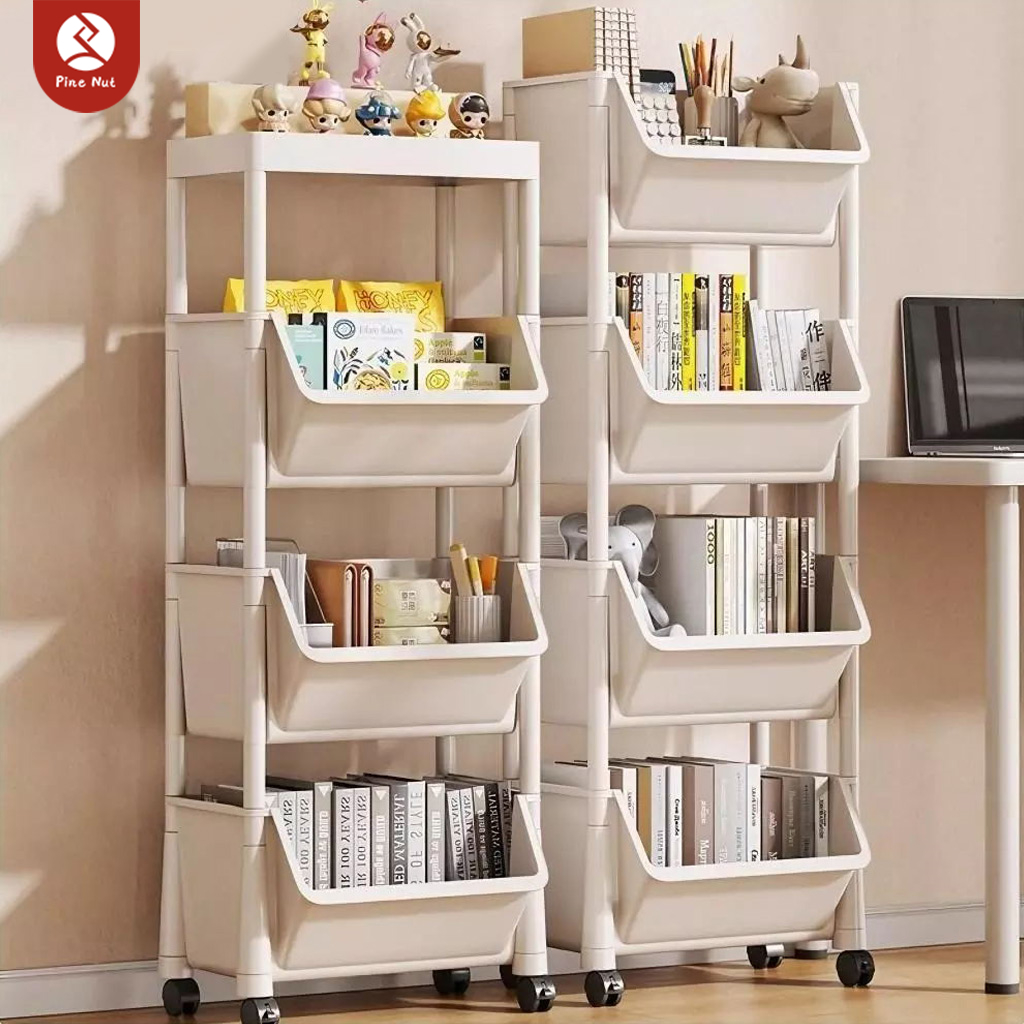 Rak Buku Susun Serbaguna Tempat Rak Buku Anak Lemari Buku Plastik Rak Portable Roda Rak Mainan