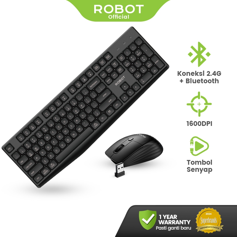 ROBOT Keyboard Mouse Wireless Bluetooth - Dual Mode, 1600 DPI, Tombol Senyap, Kompatibel Laptop & PC