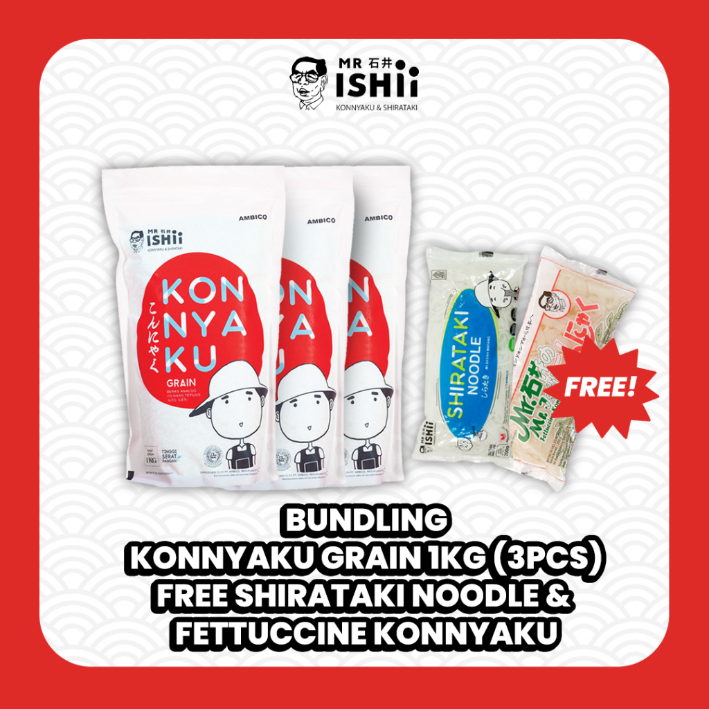 

MR. ISHII - Paket Bundling - Konnyaku Grain 1 Kg (3 Pcs) Free Fettuccine Konnyaku (1 Pcs) + Shirataki Noodke (1 pcs)