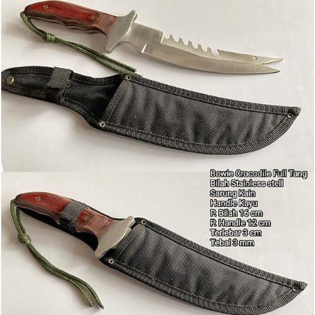 Pisau Survival Bowie Crocodile Full Tang – Stainless Steel + Sarung Kain