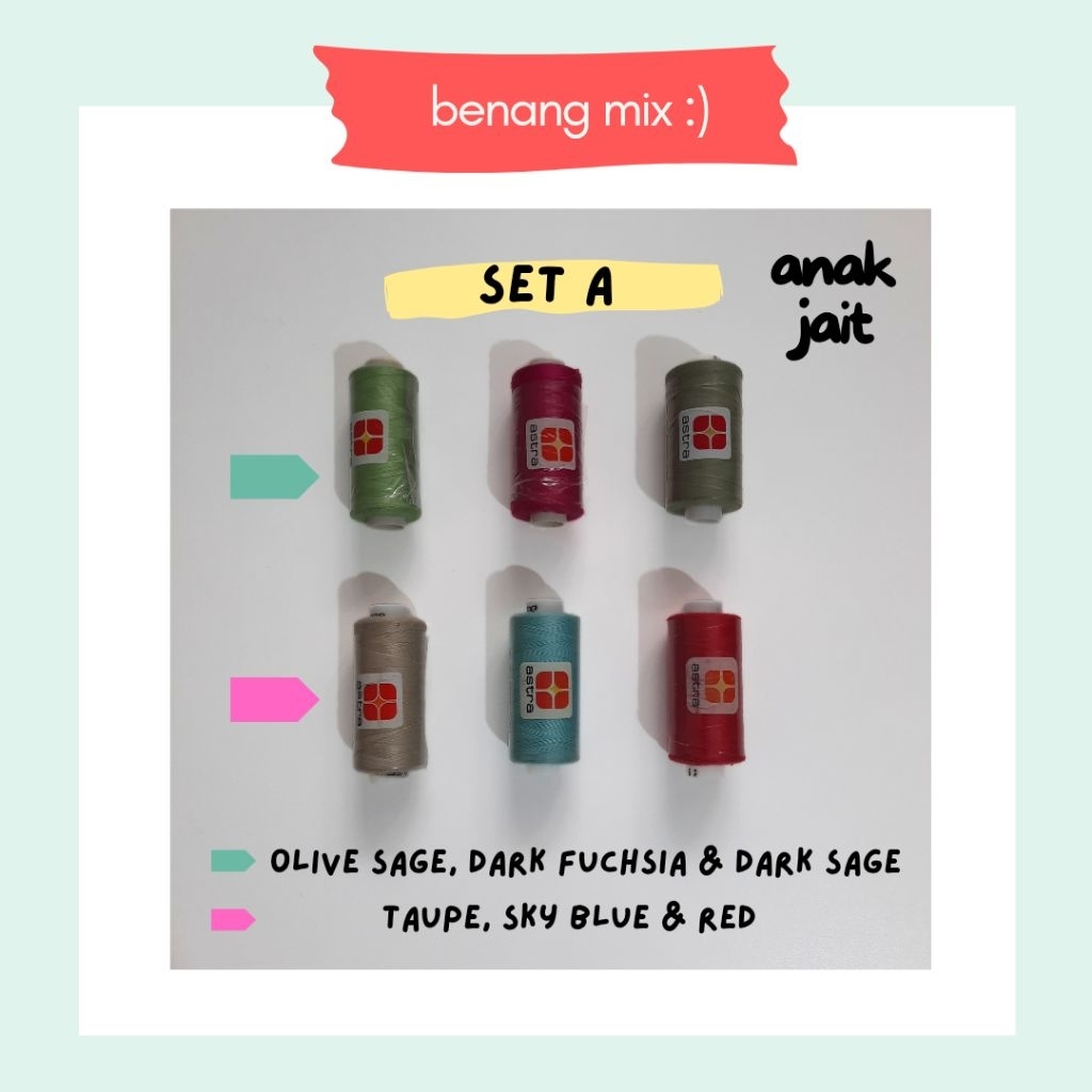 Benang Jahit Astra Set 6 Warna / Benang Astra Warna Warni - Benang Astra Warna Campur / Benang Jahit