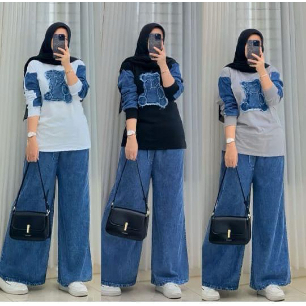 Setelan Jeans Atasan Combed 24s Serut, Celana Jeans Kulot cutbray, Setelan Celana jeans Wanita Terpo