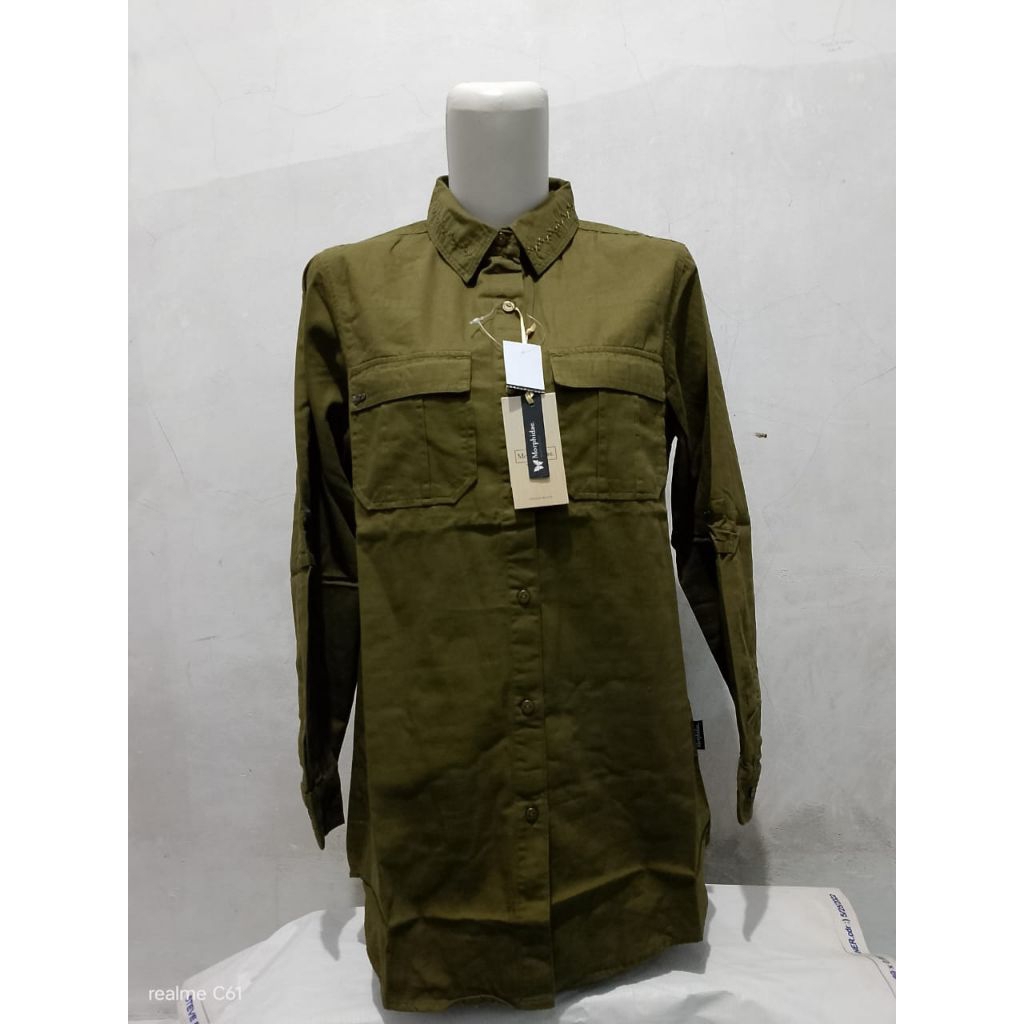 Promo Baju Blouse Kemeja Wanita MPD Emba  Lengan Panjang Ijlo Lumut Size S Dan M