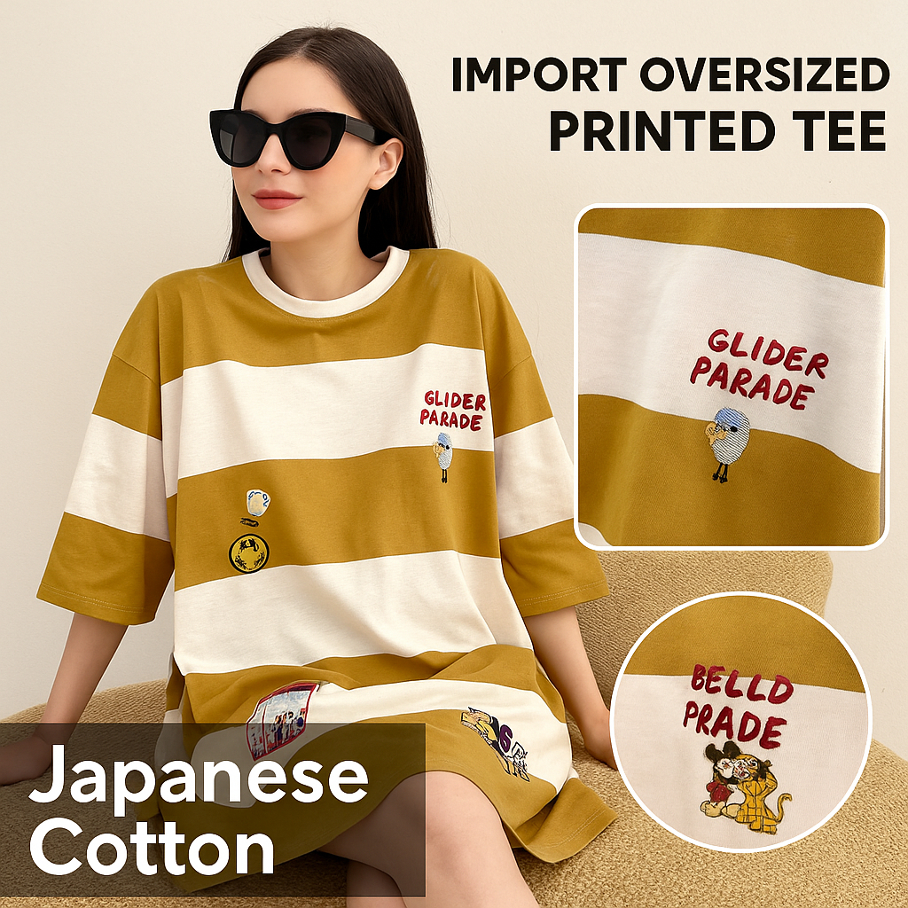 Kaos Wanita Import Katun Jepang | Tunik Oversize Garis Bordir Premium LD 100-140 Panjang 70cm