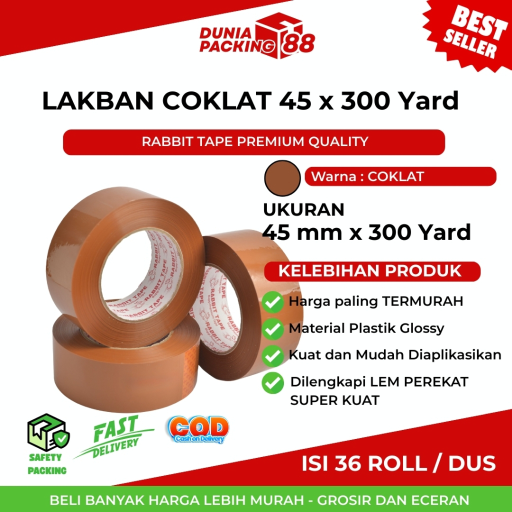 

Lakban Coklat 45 mm x 300 Yard Isolasi 2 Kualitas Premium Rabbit Tape / Solasi Lakban Coklat