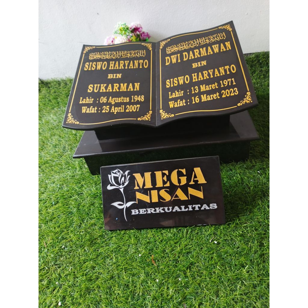 BATU MEGA NISAN BUKU 2 NAMA(30X40)/PAPAN NAMA KUBURAN GRANIT TILE BERKUALITAS+PCKING KAYU