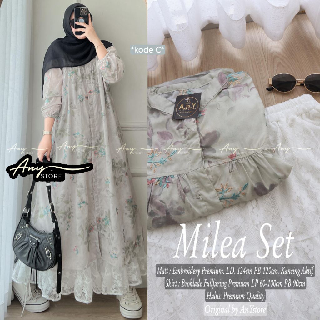 set dewasa milea set ORI Any baju setelan tunik motif bunga dengan rok plisket jumbo wanita bahan ce