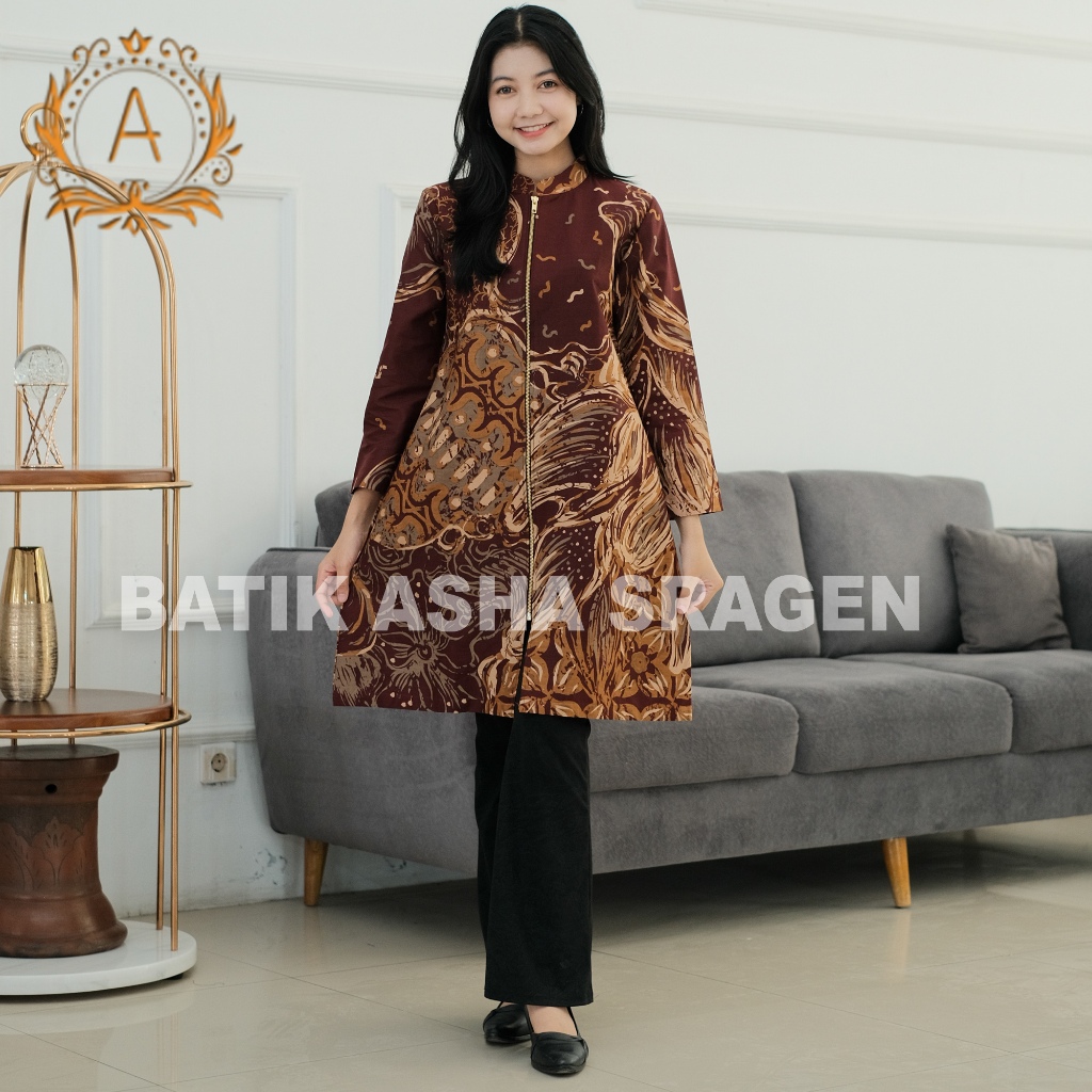 Batik Zahra-Tunik Wanita-Motif Abstrak Daun Warna Maroon