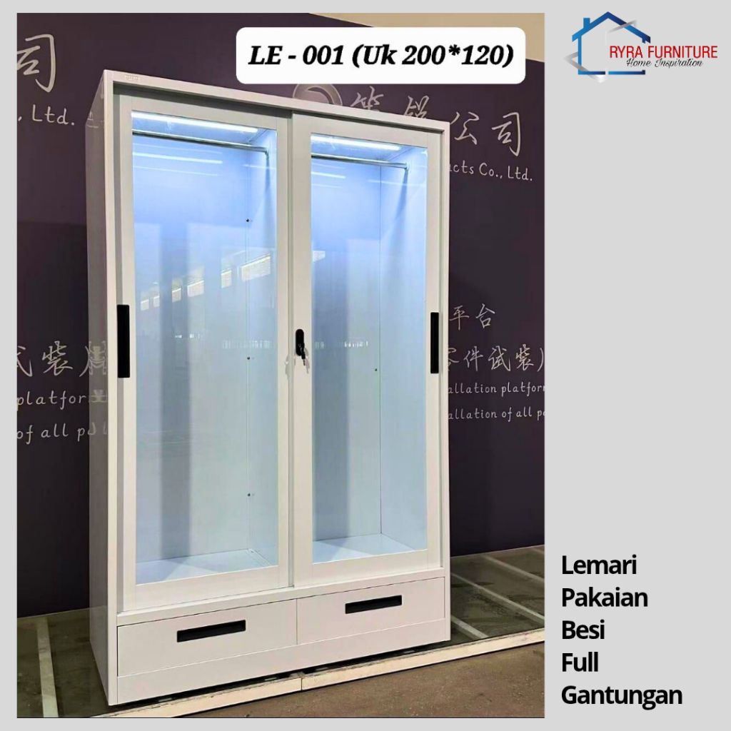 BUFFLO - LE 001 - LEMARI PAKAIAN BESI 2 PINTU SLIDING DENGAN LAMPU LED/ LEMARI PAKAIAN BESI FULL GAN