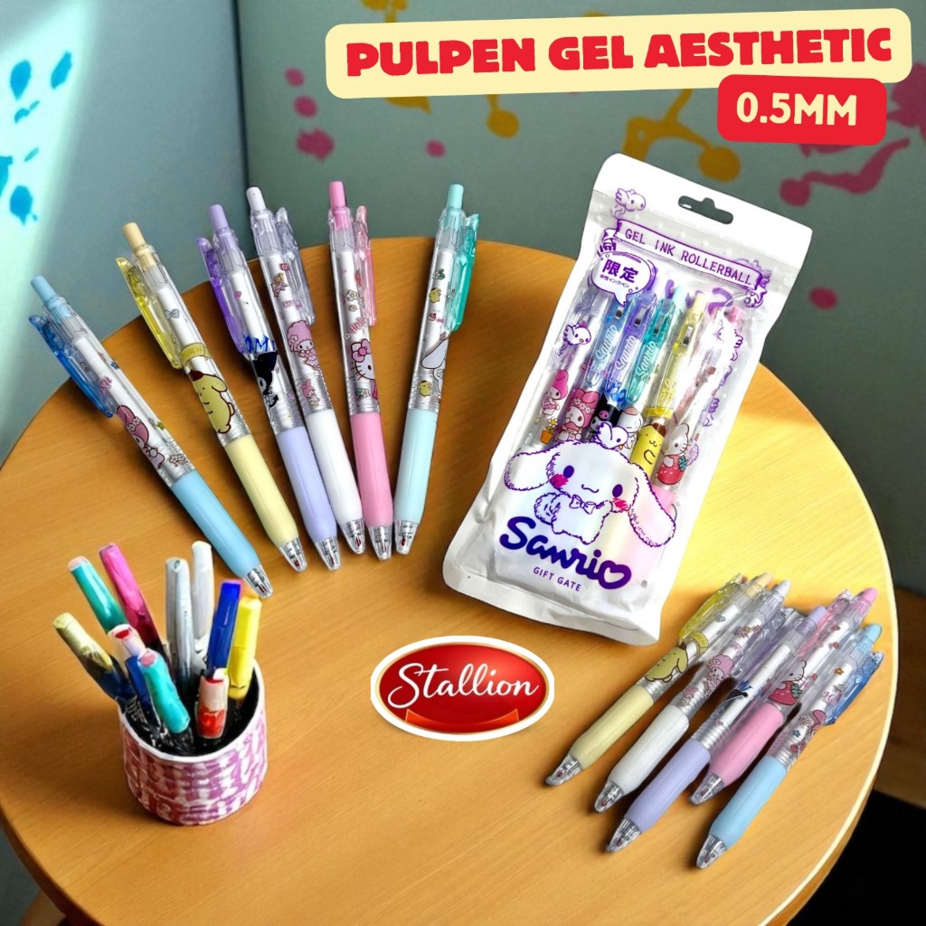 

Pulpen Gel Ink 6 PCS Karakter Pena Hitam Gift Gate Pulpen Gel Mekanik 0.5mm Aesthetic 6in1