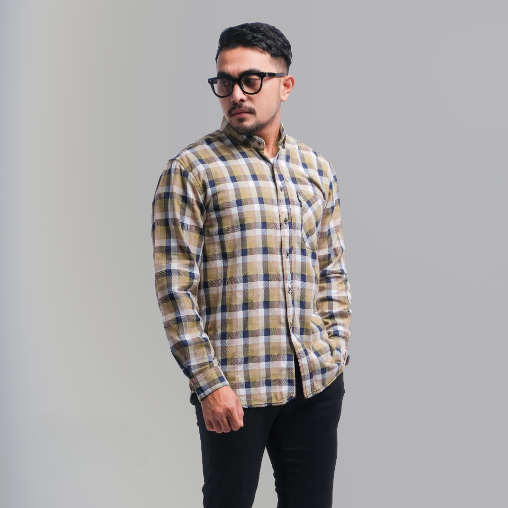 DGM Kemeja Flanel Pria Lengan Panjang Kuning Kotak Putih dan Navy Kemeja Pria Flanel Pria Kemeja Pan