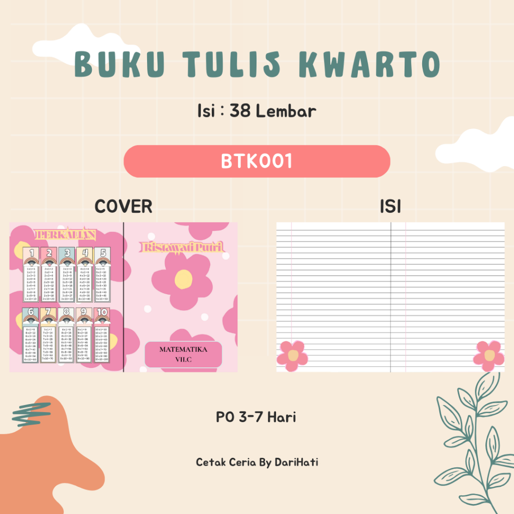 

Buku Tulis Custom Ukuran Kwarto ISi 38Lembar