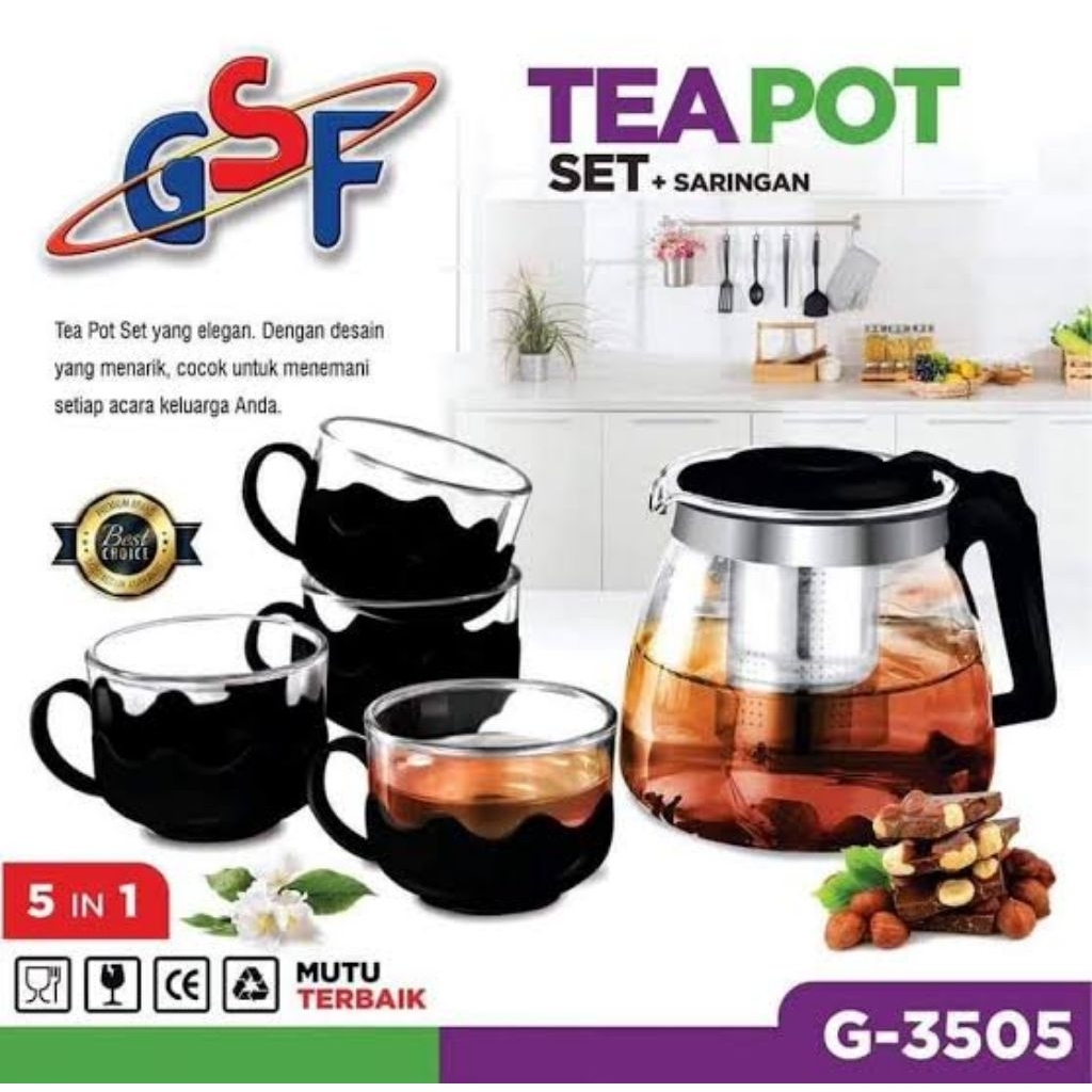 GSF Tea Pot set Hitam 3505 4 Gelas 1 teapot plus Saringan kantong Teh kopi