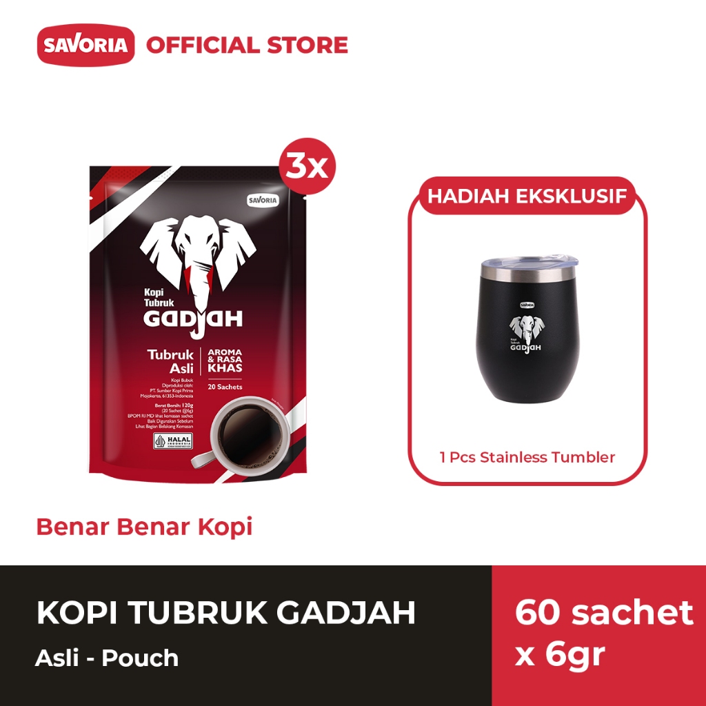 

Kopi Tubruk Gadjah Asli Pouch - 60 Sachet x 6g + Stainless Tumbler