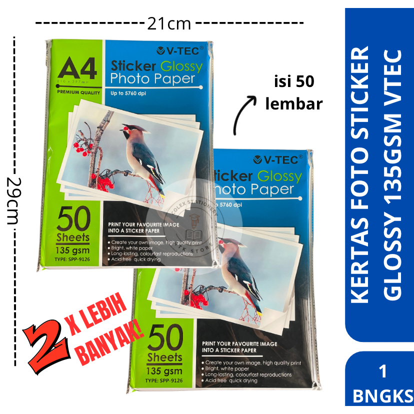 

[1 BUNGKUS] Kertas Sticker Glossy Tebal / Sticker Glossy Paper 135Gsm Isi 50 Lembar Vtec