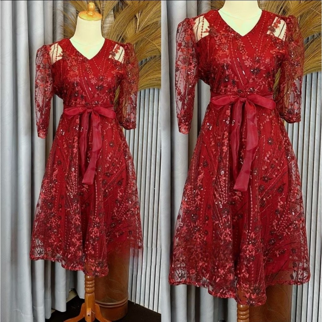 Midi Dress Tile Payet Tali Pita Organza V-Neck