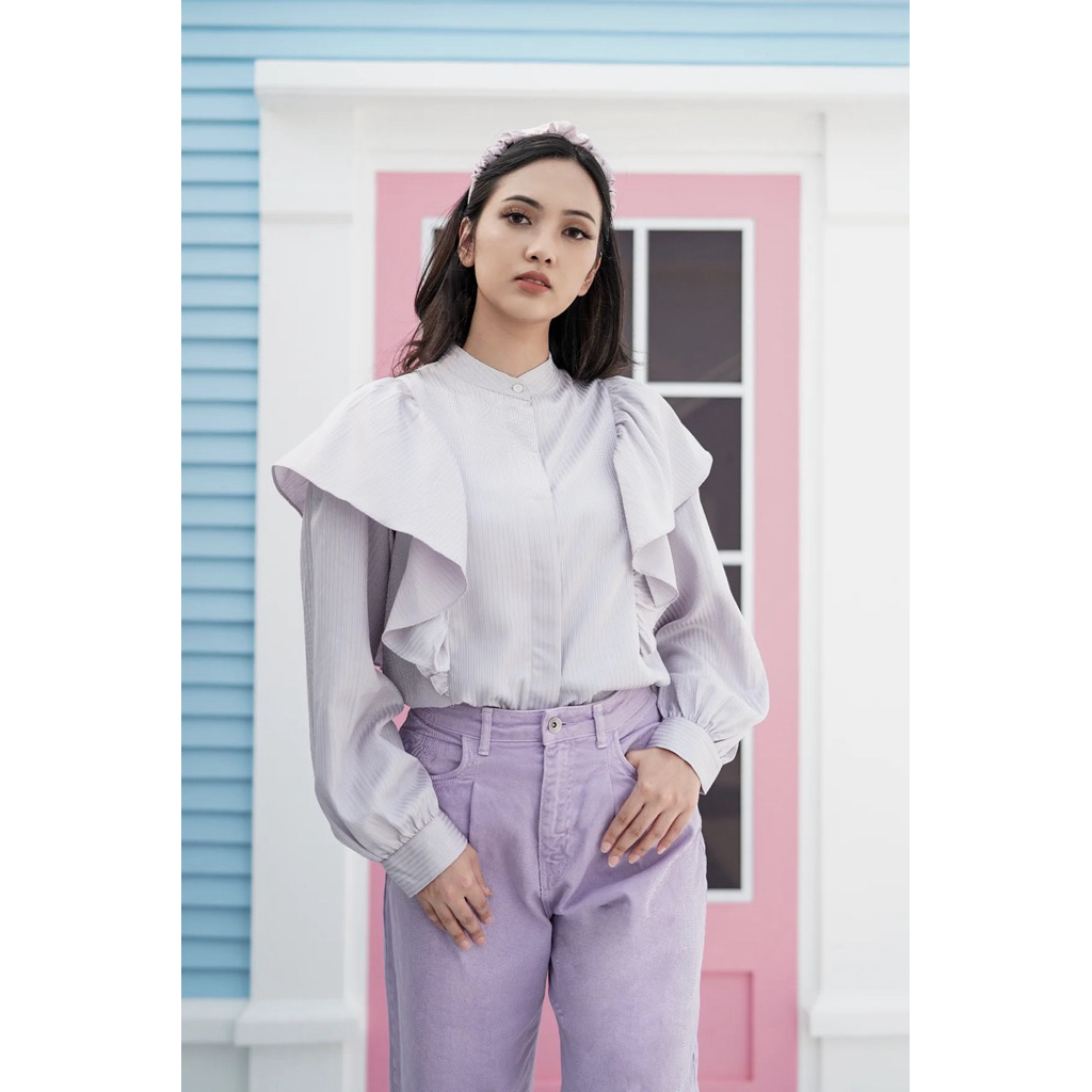 Benang Jarum Nina ruffle shirt grey lilac Preloved