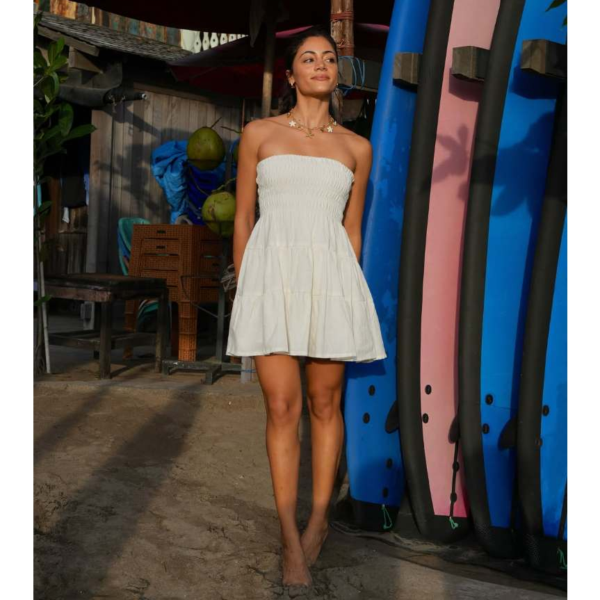 Bamboo Blonde - Atlas Ruched Mini Dress, White | Kemben, Linen, Outfit Bali Party Recommended Beach