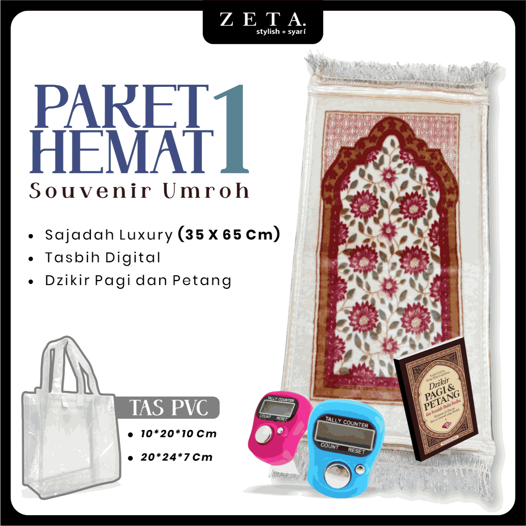 

Zeta ITC | Paket Hampers Souvenir Oleh Oleh Haji dan Umroh Set Mukenah Sajadah dan Tasbih Digital