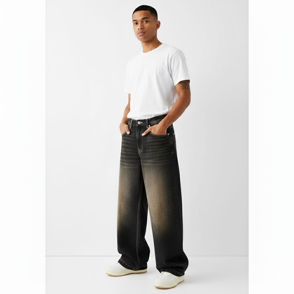 JIXSY - Celana Jeans Panjang Pria Koreanstyle Celana Loosefit Wisker Retro/Baggy Jeans Pria Gombrong