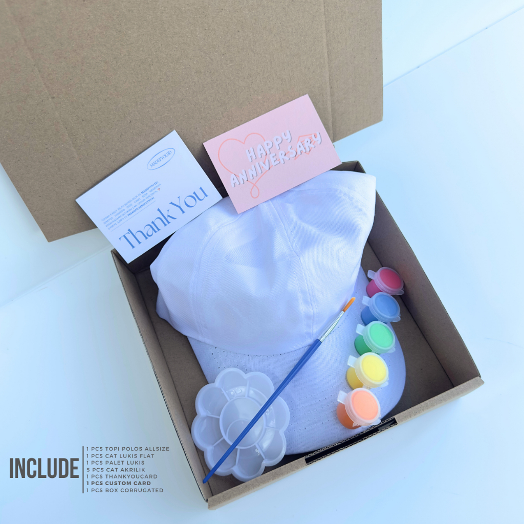 

DIY Hampers Melukis Topi Polos Putih | Paket Cat Akrilik Lengkap | Kado UlangTahun | Giftbox Spesial