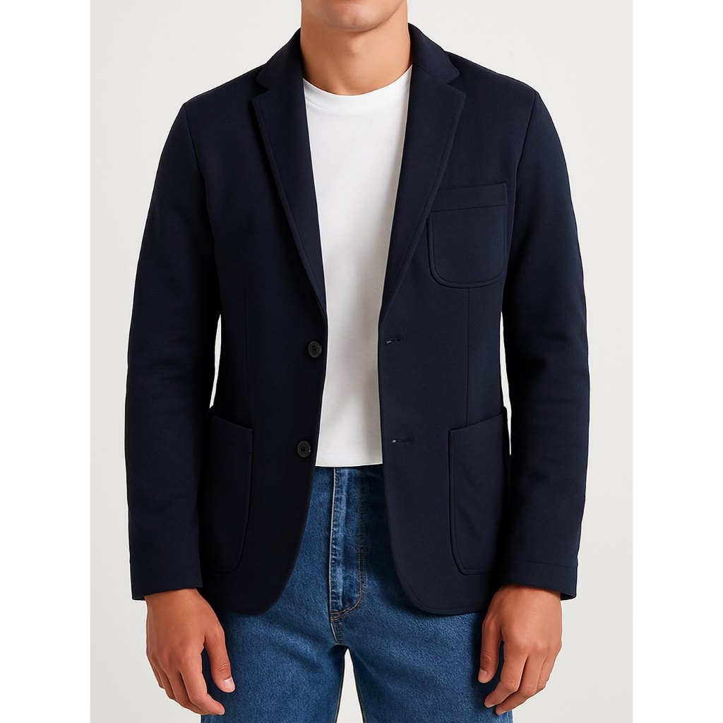 MUJI JAPAN MEN CASUAL FORMAL SLIM FIT KNIT MATERIAL BLAZER - DARK NAVY (L)
