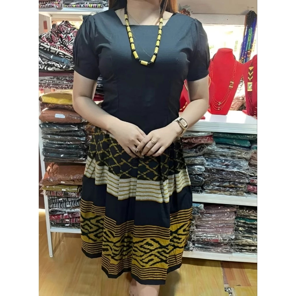 Dress tenun gaun tenun baju setelan wanita kombinasi baju setelan tenun lengan balon