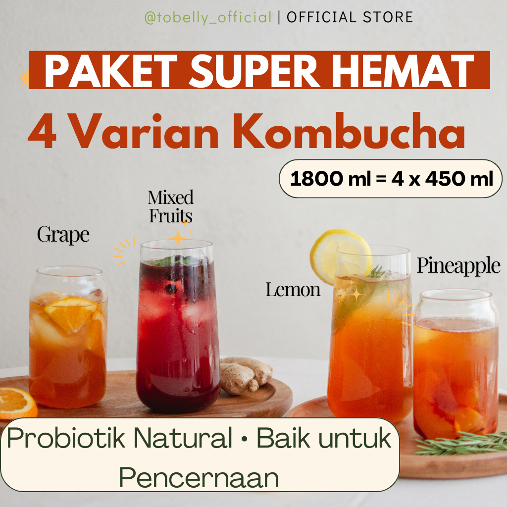 

Tobelly Teh Kombucha Probiotik Paket Hemat 4 Varian Buah Tropical Fruits 1800 ml