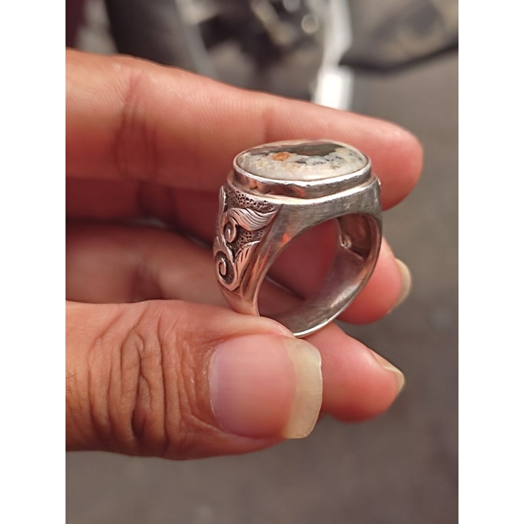 Batu Akik Motif Burung Ring Perak Murni Tebal Handmade