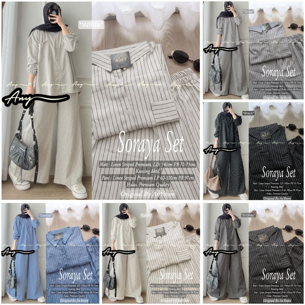 soraya one set wanita kekinian by A.N.Y celana panjang garis garis celana kulot highwais linen long 