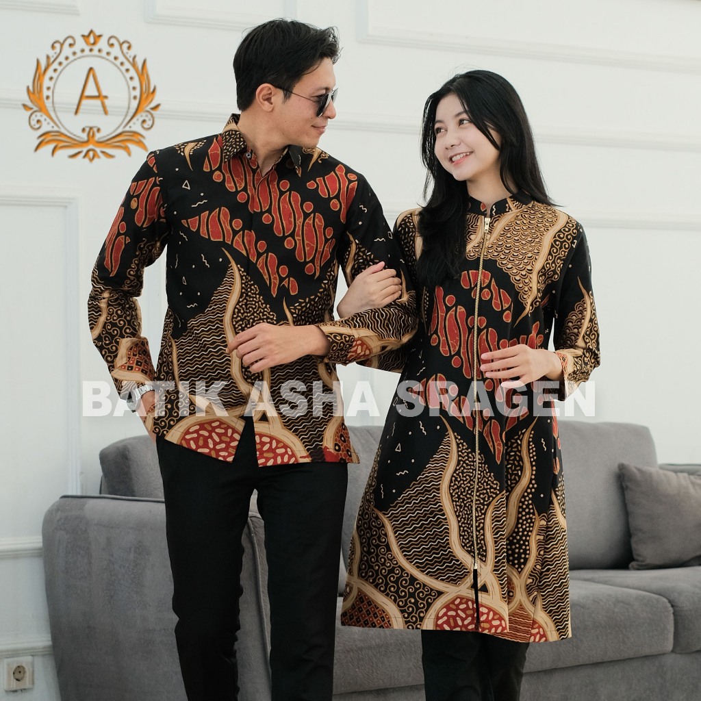Batik Zahra-Batik Pria Lengan Panjang-Tunik Wanita-Batik Pasangan-Motif Rumeksa Warna Hitam Kombinas