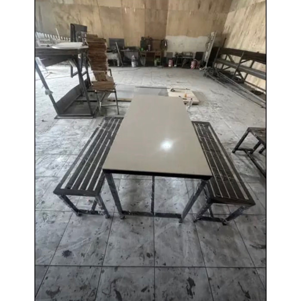 meja cafe granit + 2 kursi panjang