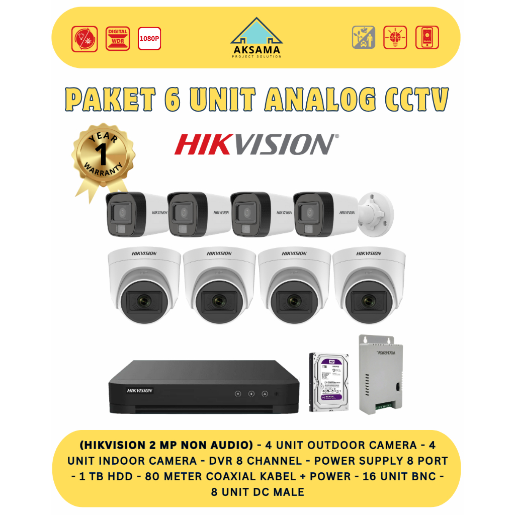 Paket CCTV Hikvision 2MP 8 Channel 8 Camera Non Audio