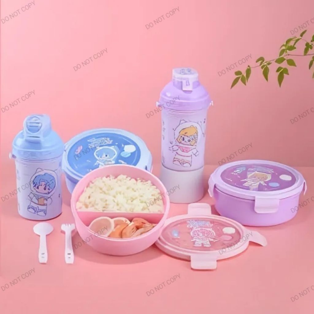 Set Lunch Box dan Botol A06 Minum Lucu Free Sendok & Garpu